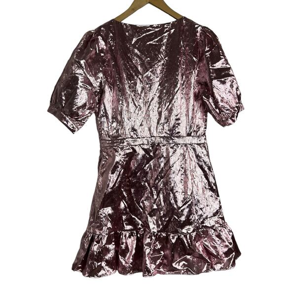 LoveShackFancy Pink Metallic Gabriella Lame Puff Sleeve Bow Mini Dress Size L - Picture 8 of 13